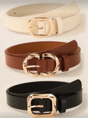 Women’s Faux Leather Belt Trio — Black, Cream & Brown with Gold Buckles